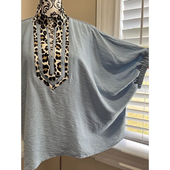 Entro Blue W/ Leopard Trim Blue Dolman Sleeve Boho Office Siren Large Lagenlook - Picture 4 of 15
